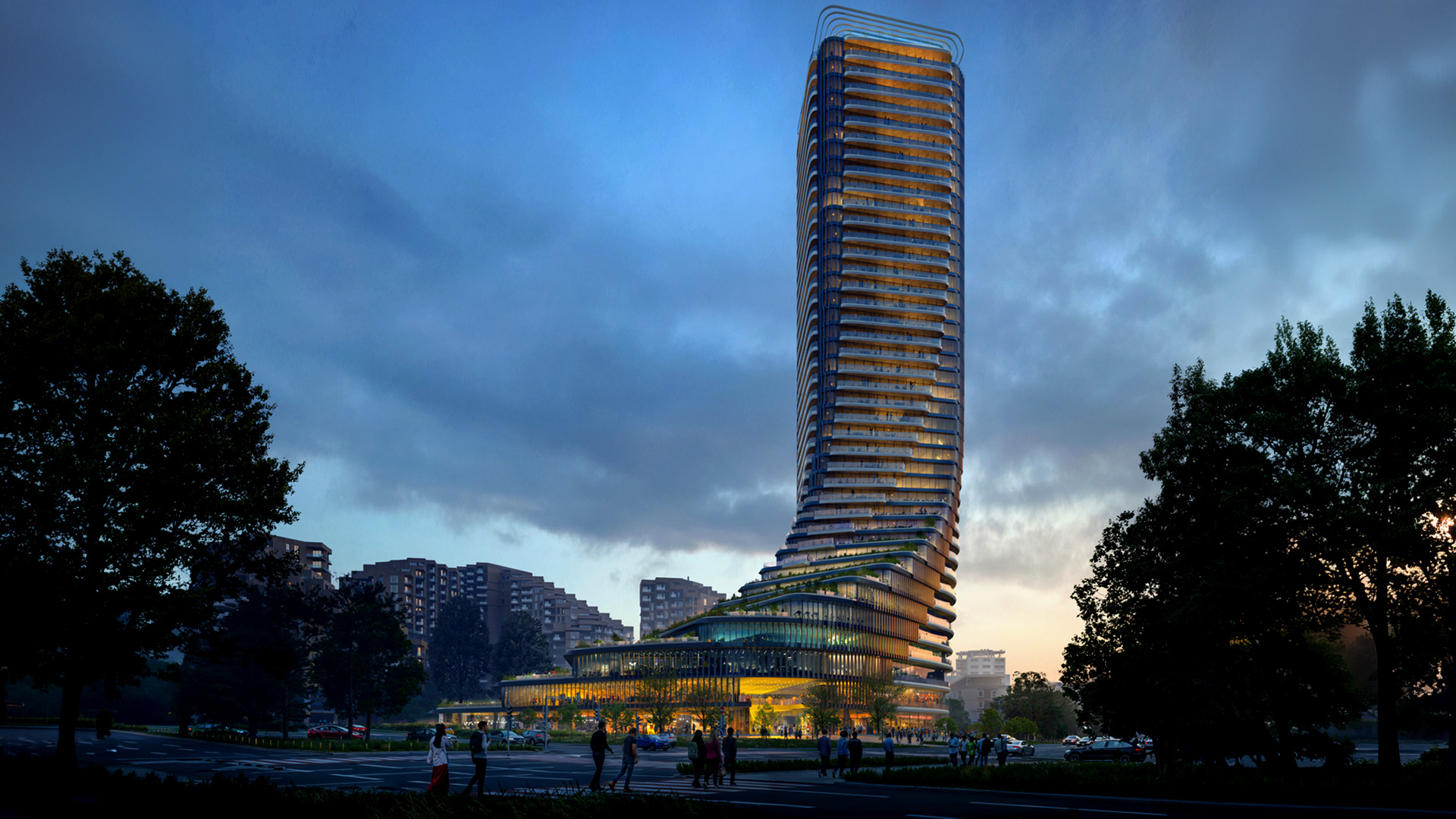 Cityzen Tower Tbilisi – Zaha Hadid Architects night rendering, cascading green terraces toward Central Park